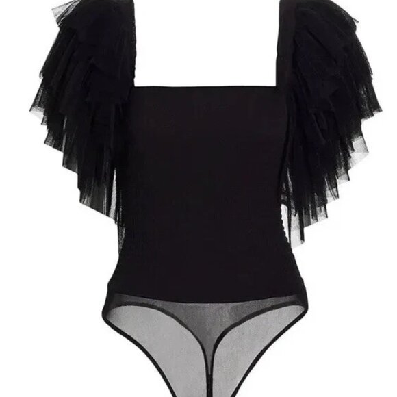 NWT Free People "Kill the Lights" Bodysuit Black Tulle Ruffle Sleeve Top Sm - Picture 10 of 13